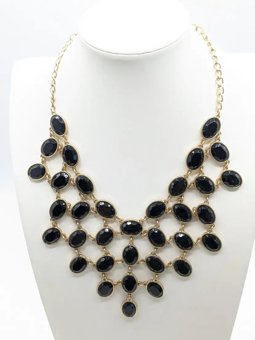 Gold Tone and Black Gem Bib Necklace