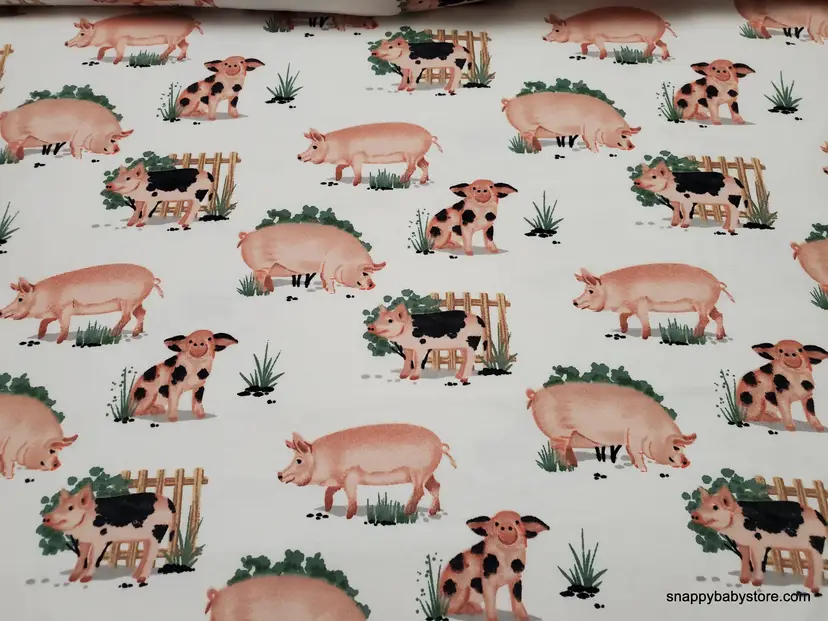 Pigs on White Flannel Fabric Remnant - 100% Cotton - Choose Size - Soft Craft & Quilting Fabric