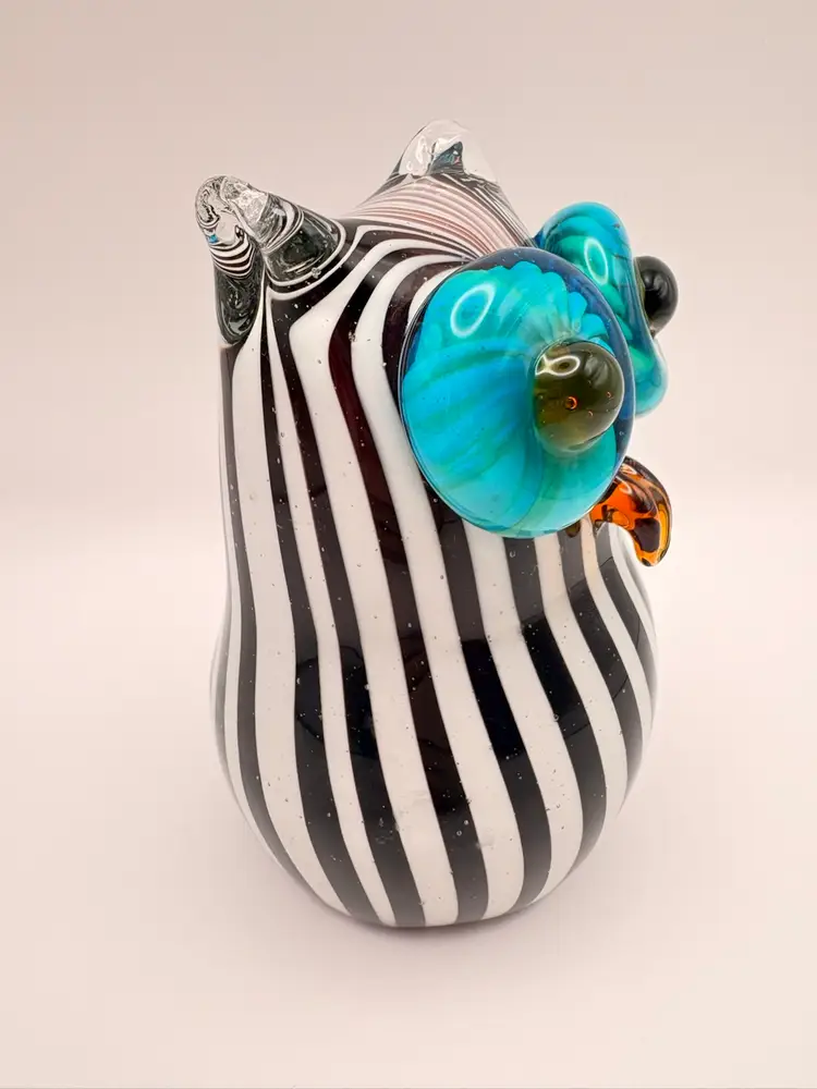 Vintage Murano Art Glass Striped Owl With Large Turquoise Eyes 5.5”