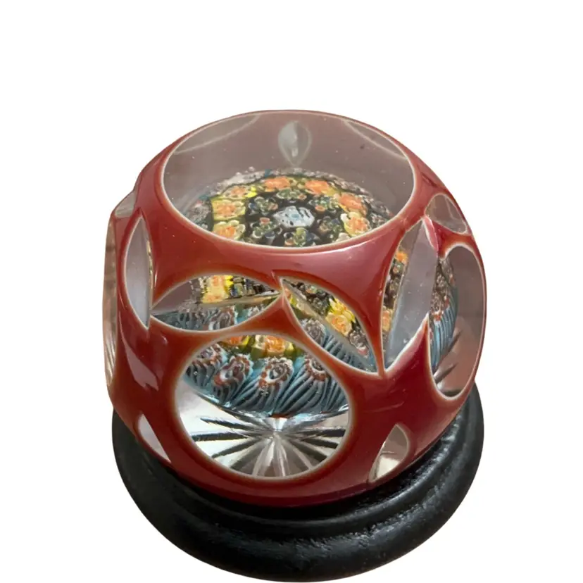 Beautiful Red Cut To Clear Millefiori Art Glass Paperweight 2”x 2”