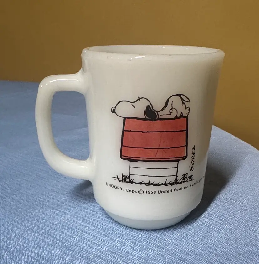 Snoopy Anchor Hocking Fire King 1958 Coffee Mug I Think I'm Allergic to Morning