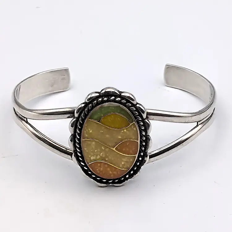 Carolyn Pollack Relios Sterling Silver Cuff Bracelet Mosaic Inlay Sunrise Vtg