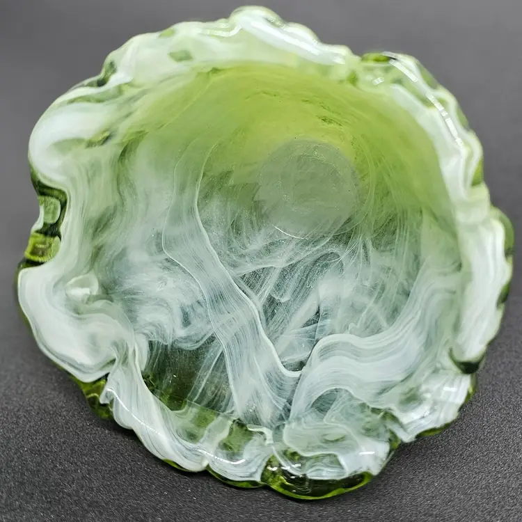 OOAK Green Glass Vase with Ruffle Rim and Swirls of White and Clear