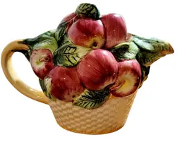 Vintage Ceramic Teapot Majolica Hand Painted Apples Leaves in Basket Retired