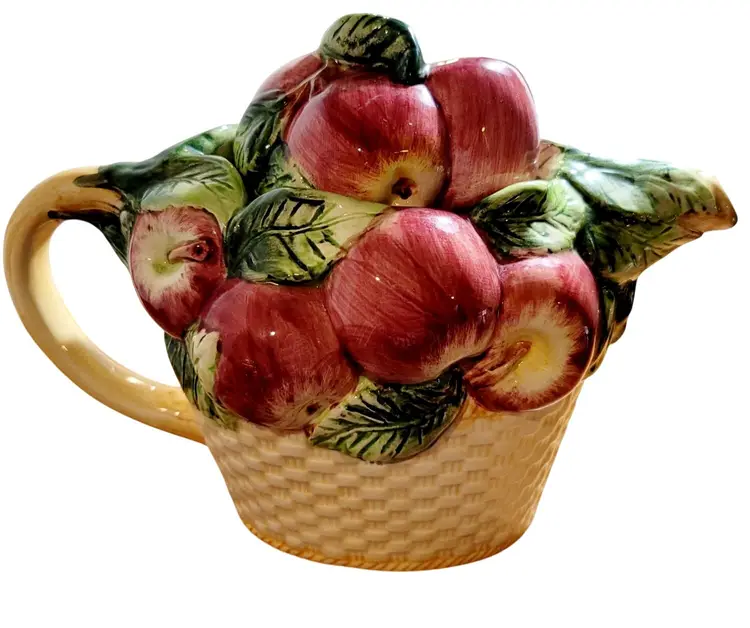 Vintage Ceramic Teapot Majolica Hand Painted Apples Leaves in Basket Retired