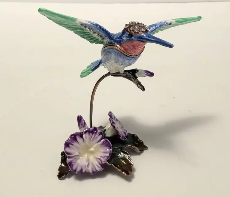 Jere Luxury Giftware, Bejeweled HUEY Hummingbird & Petunia Trinket Box with Matc