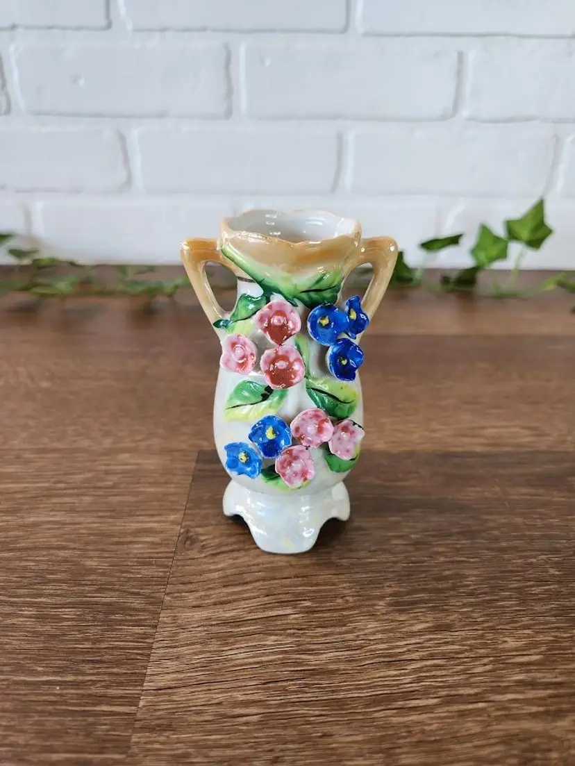 Vintage Ceramic 4.5" Lusterware Floral 3D Green Blue Pink (small chips on a couple flowers) Japan