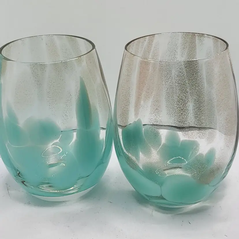 Elegant Turquoise Swirl Stemless Wine Glasses Set of 2 Fitz and Floyd Simone Teal/Gold set of 2
