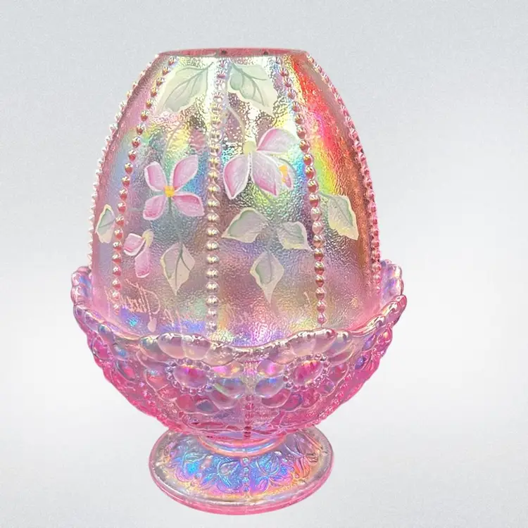 Fenton iridescent pink carnival glass floral hand-painted Fairy light lamp. Signed, Stamped