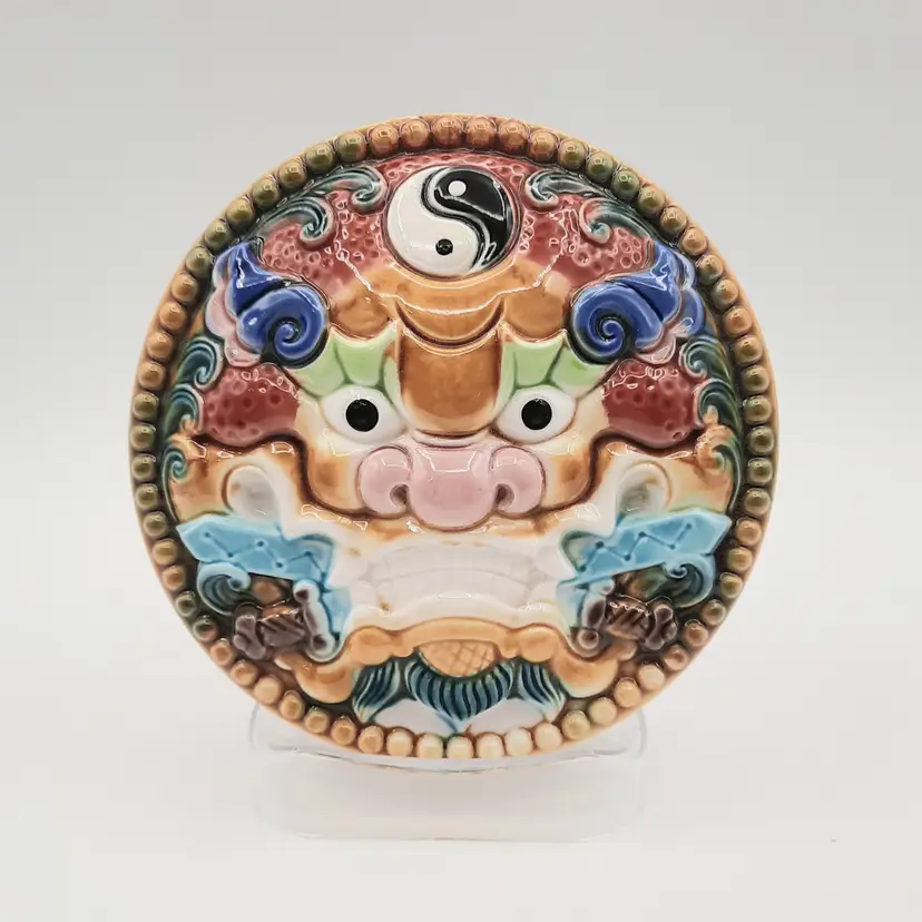 Vintage Chinese Lion Dragon Yin Yang Ceramic Round Tile
