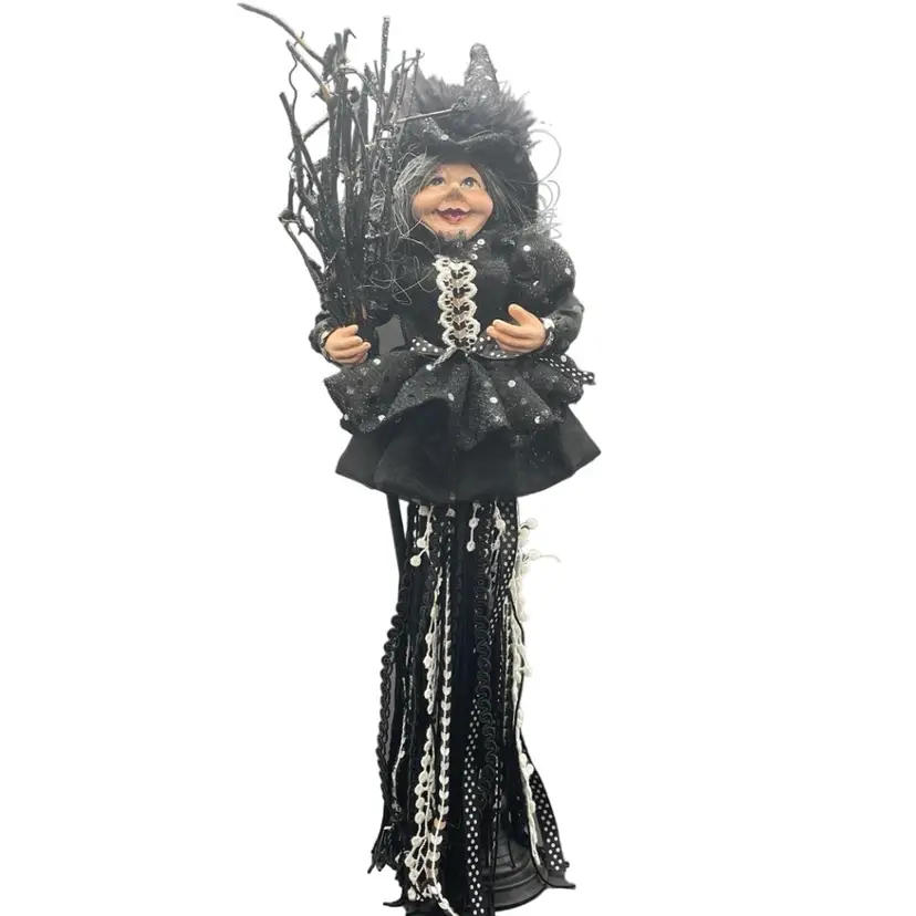 Halloween Witch With Twig Stick Broom Tall Figurine Holiday Decor
