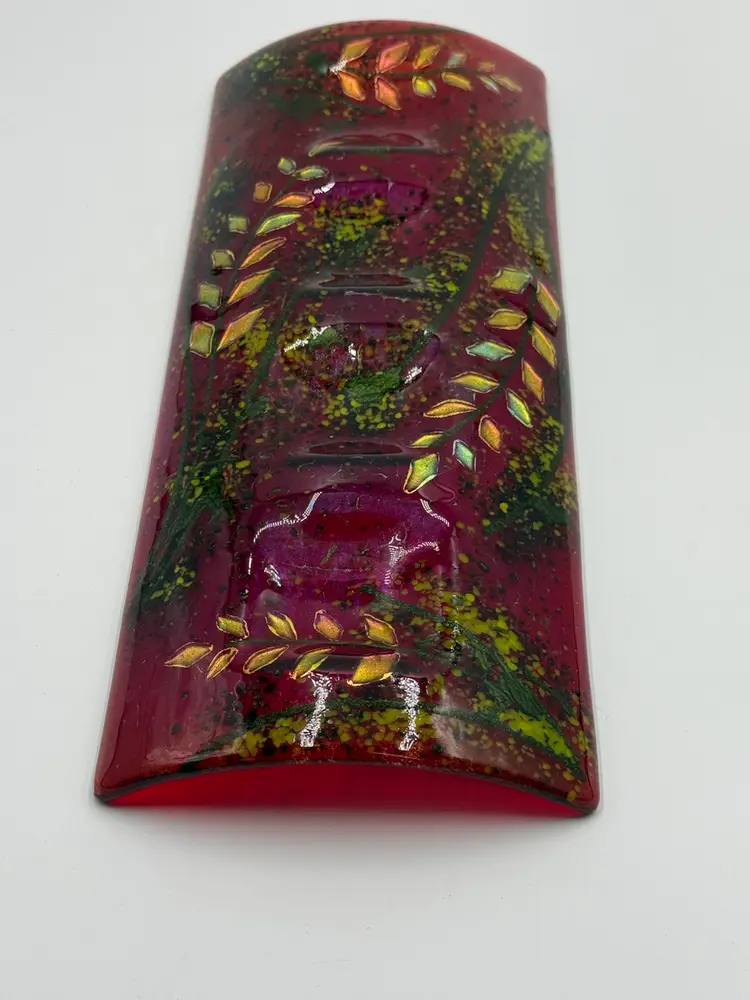 Fused Art Glass Red Green With Iridescent Leaves Rectangle Curved Decor Tray Signed
