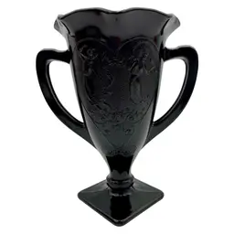 Vintage LE Smith Black (Amethyst) Glass, “Snake Dance”, Crimped Top Handled Vase
