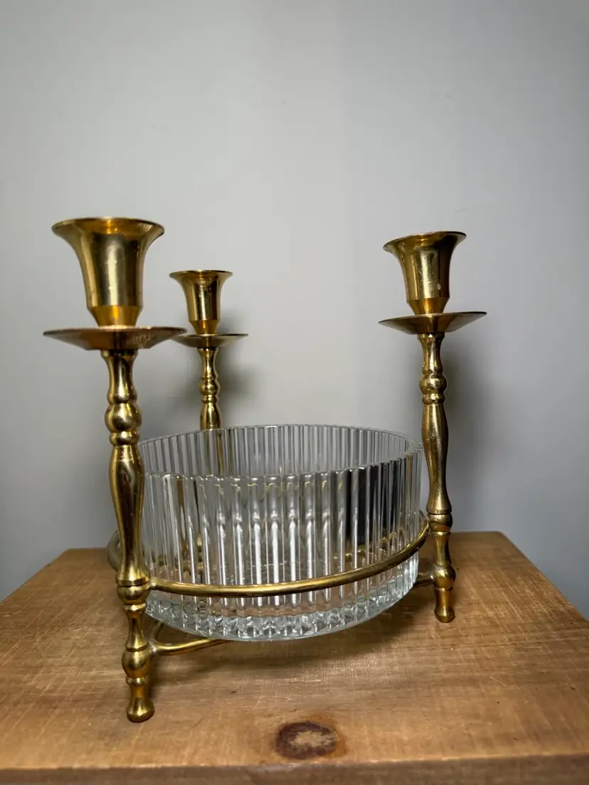 Brass Trio Candle Holder with Fluted Glass Centerpiece Bowl