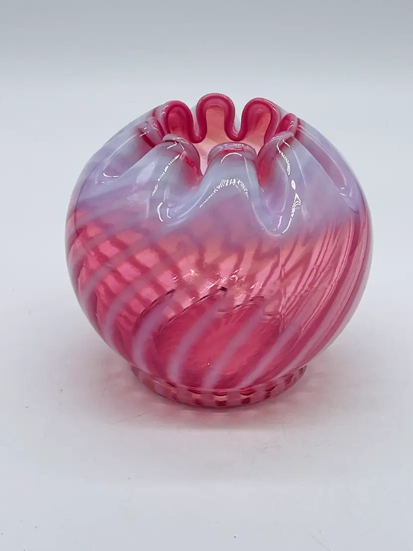 14. Fenton Cranberry Opalescent Striped Optic Swirl Bowl