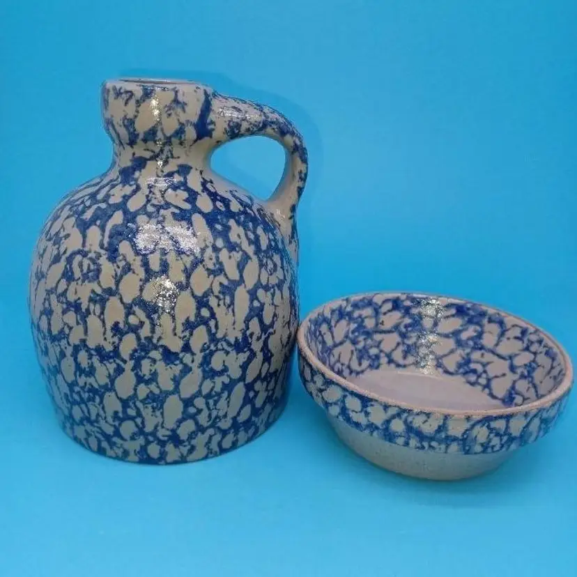Vintage Beaumont Brothers Pottery Blue Spongeware Jug & small bowl