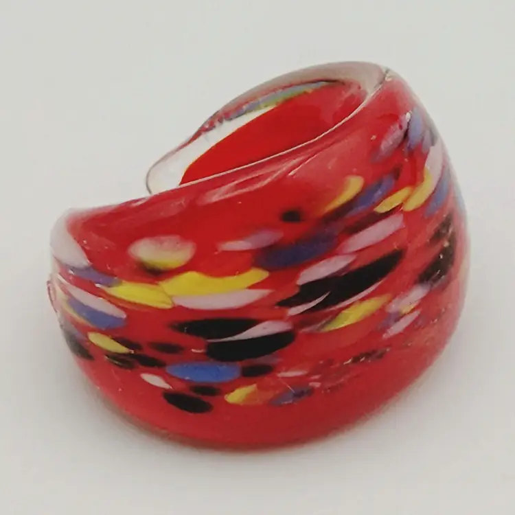 Boho Splatter Fire Red Chunky Dome Hand Blown Art Glass Bling Ring - Size 5
