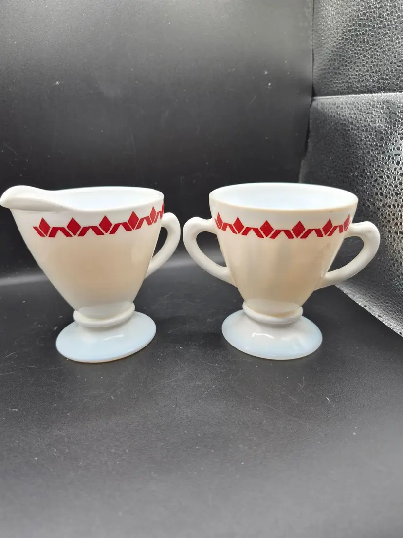 Vintage Hazel Atlas Milk Glass Creamer/Sugar Bowl Set Red Geometric Accent Retro