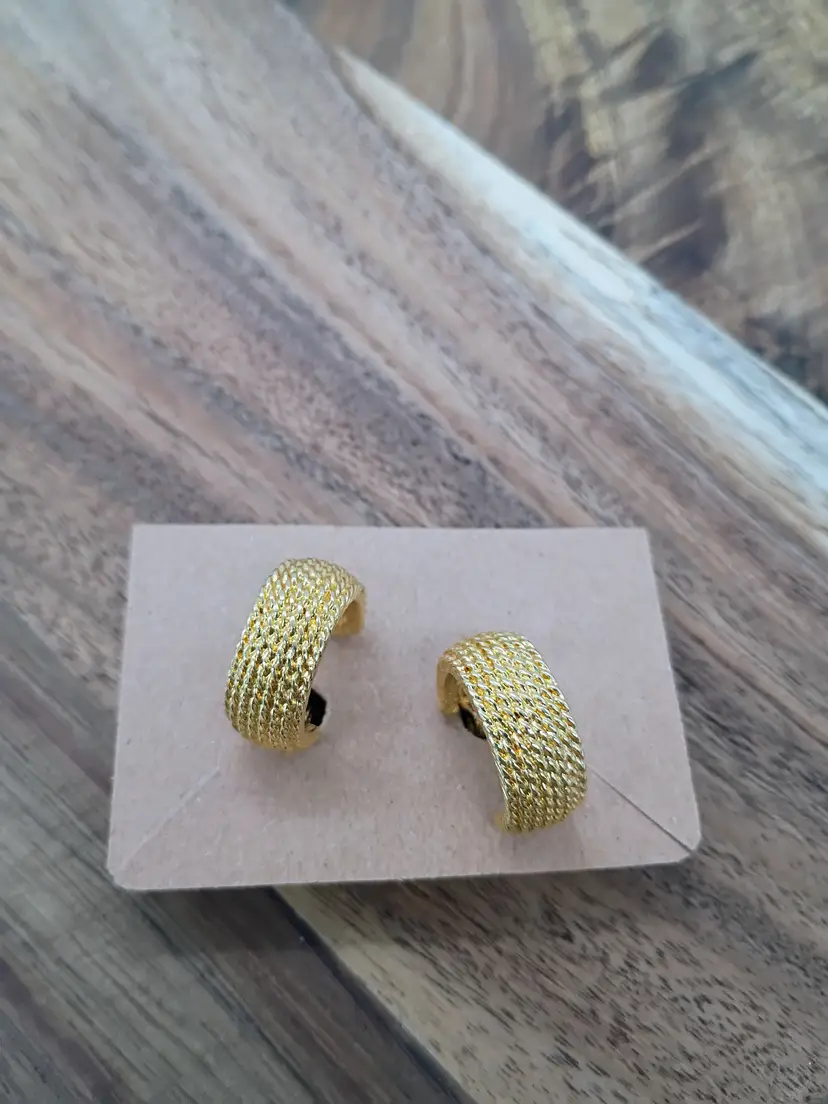 Monet Earrings Clip On Textured Gold Tone 8MM Wide Hoop Huggie Style