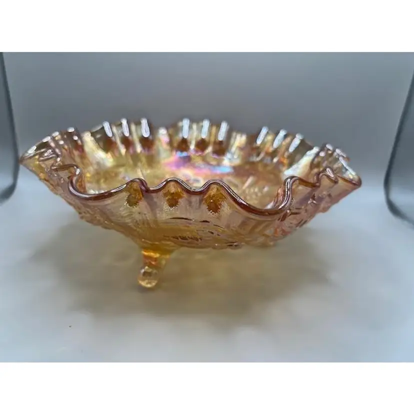 #02 - Vintage Iridescent Imperial Carnival Footed Glass Bowl ~ Marigold, 'Lustre Rose" ~ Measures 3 inches tall, 8 inches wide