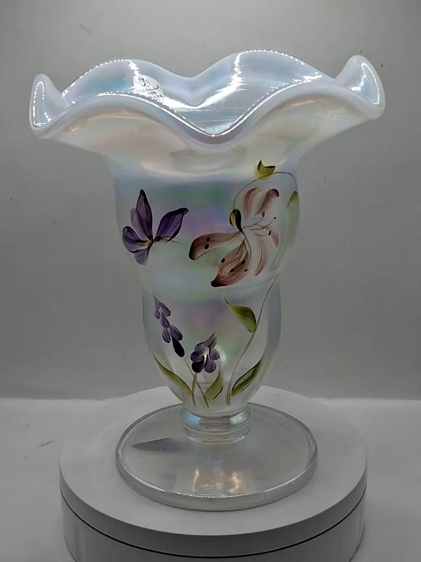 Vintage 2005 Fenton Family Signature Series, Stargazer Butterfly on French Opalescent Vase 8951, LE #186