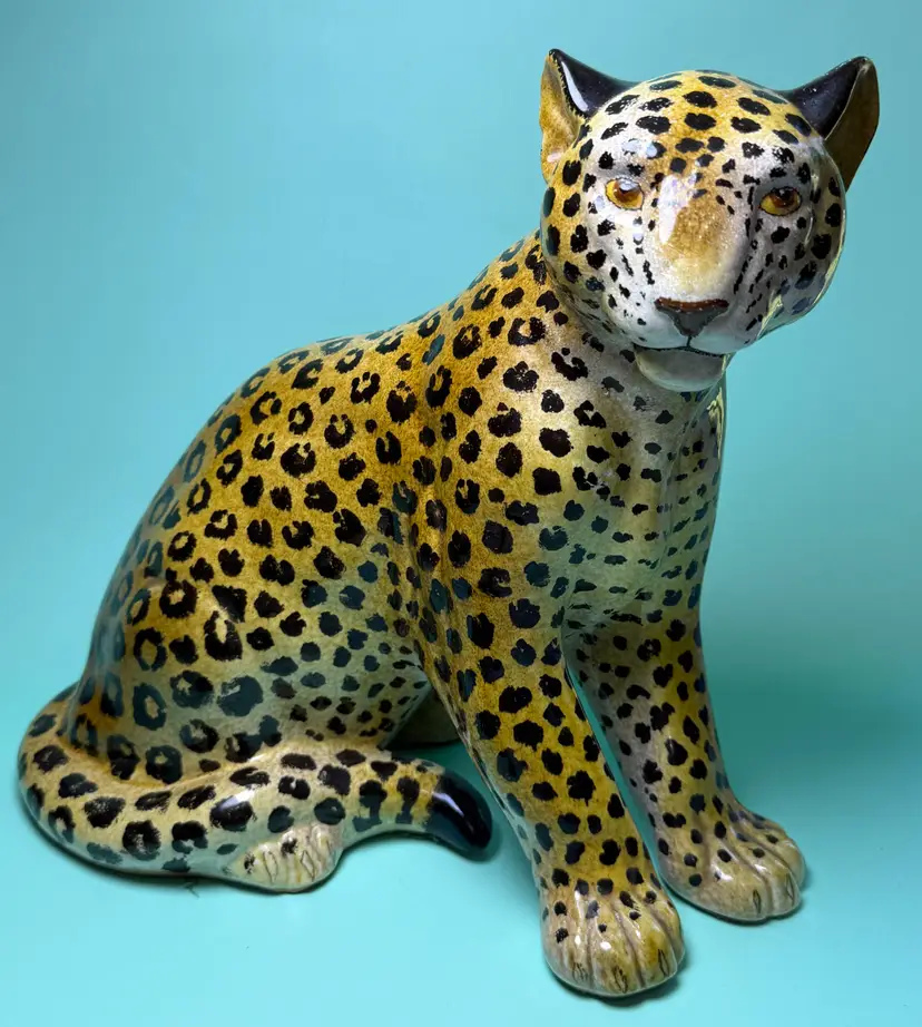 Large Italian Majolica Leopard Cheetah Terra Cotta Hollywood Regency Mid Century