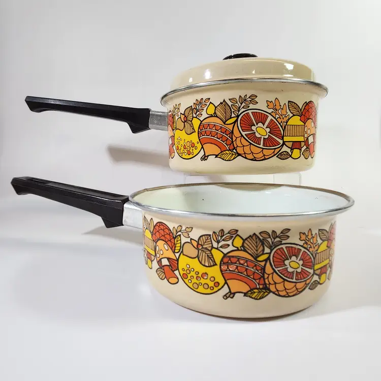 3 pc Retro Mushroom Pots Porcelain Enamel on Metal 1970s by GHC Vintage 1 & 2 QT Pan w Lid