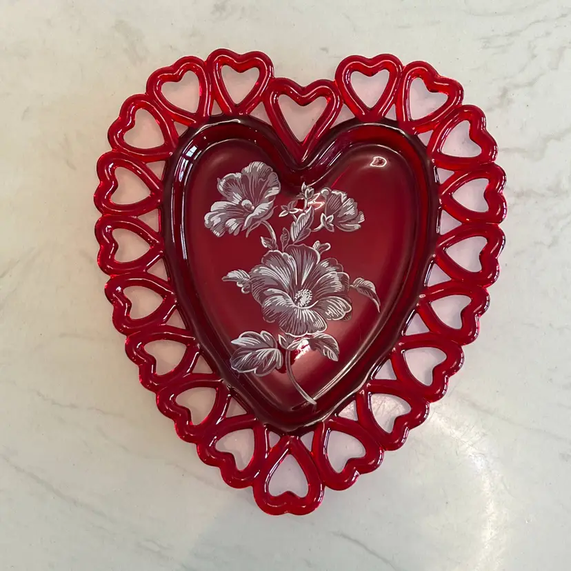 Westmoreland Ruby Red Heart Shaped Glass Trinket Dish Hand Painted Floral Design