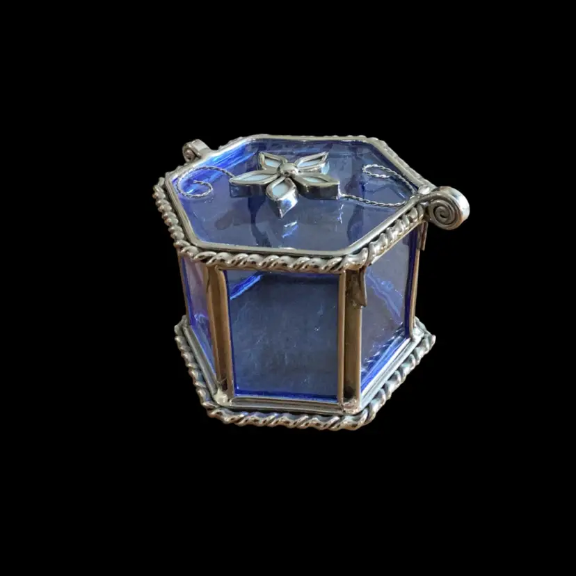 Vintage Blue Glass And Silver Toned Trinket Box With Flower