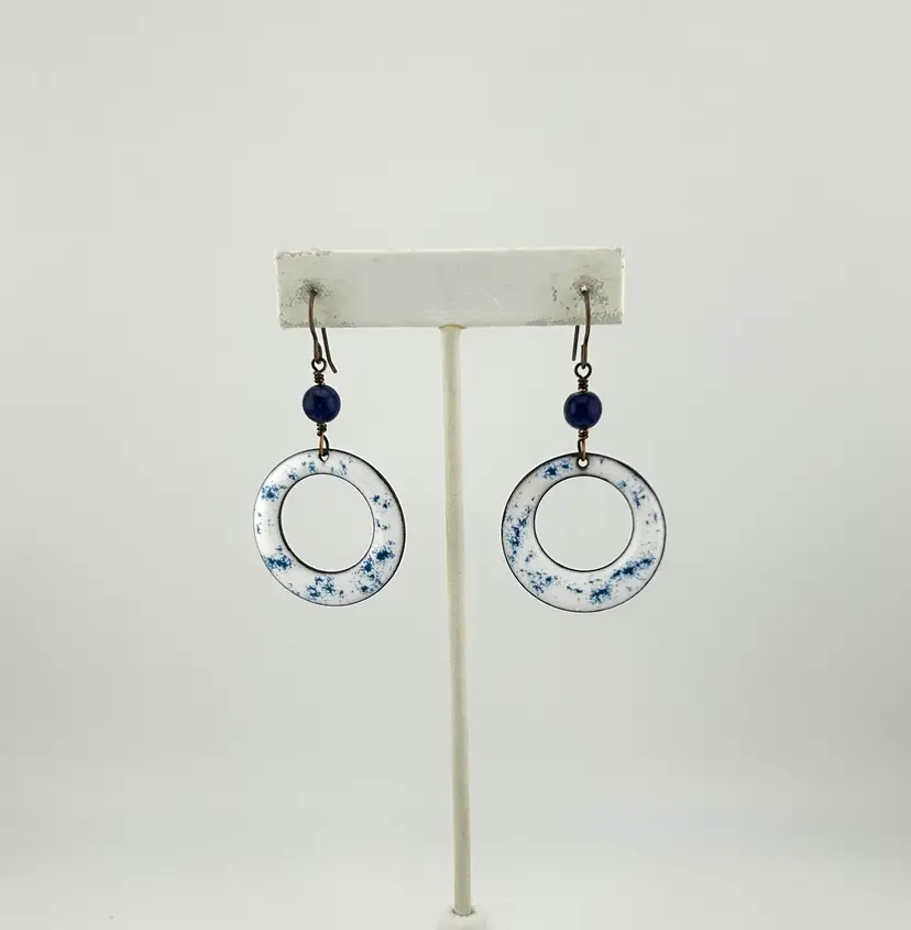 Upcycled Enamel and Stone Brass Earrings 2.25”