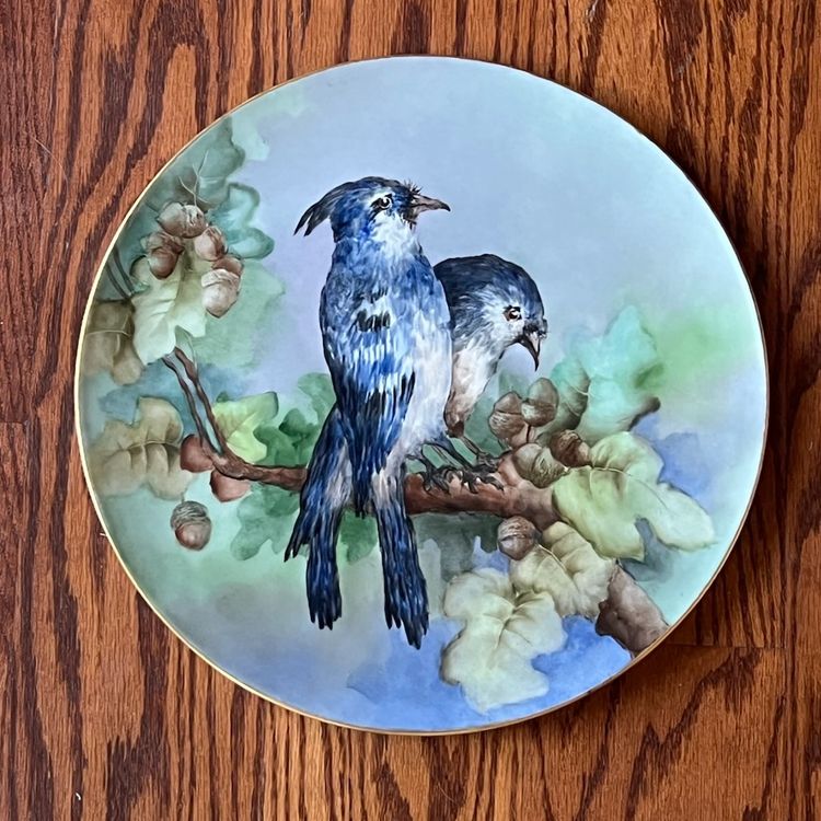 Antique T&V Limoges France Large Hand Painted Platter Tray Blue Jays 13.5”