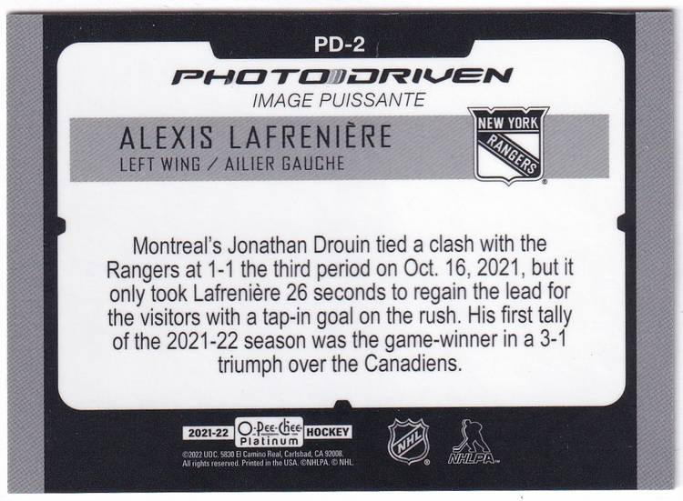 2021-22 O-Pee-Chee Platinum Photo Driven #PD2 Alexis Lafreniere New York Rangers Hockey Card