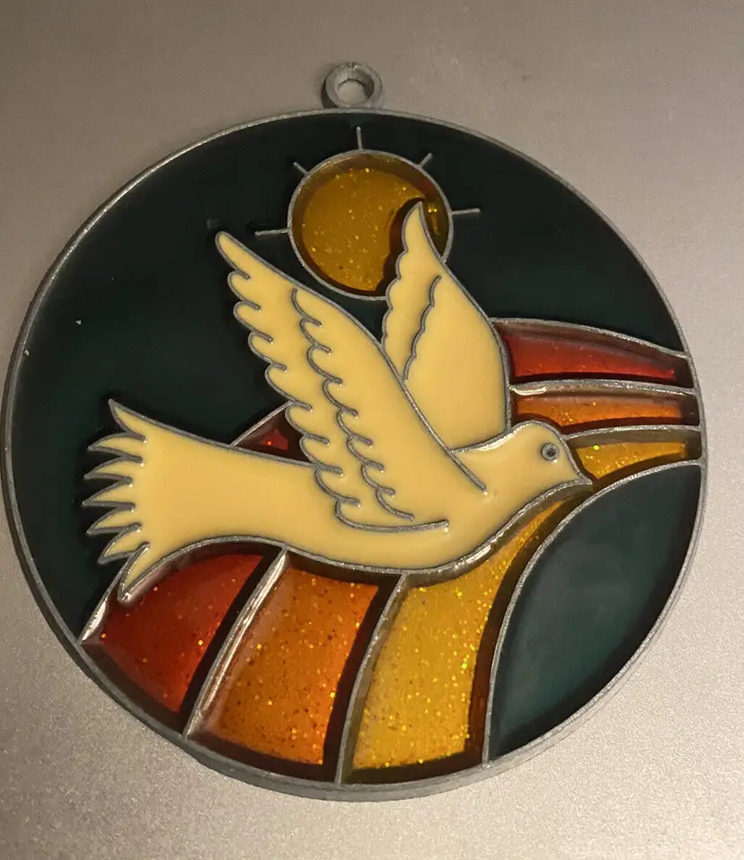 Peace Dove Bird Rainbow Stained Glass Style Metal Suncatcher 3.75" Vtg