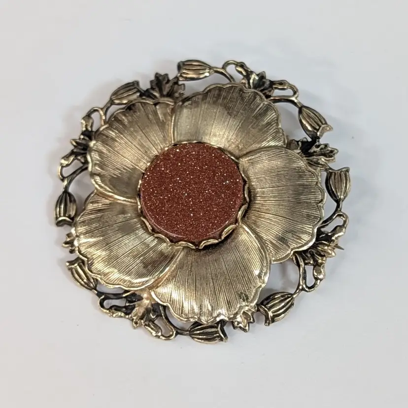 Vintage Goldstone Gold Tone Ornate Floral Brooch Pin Pressed Layered 5 Petals 2"
