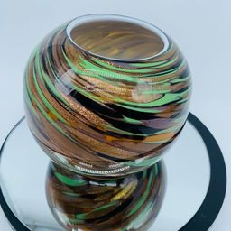 #0112 Hand-blown art glass vase Globe With glittery copper and green color scheme.