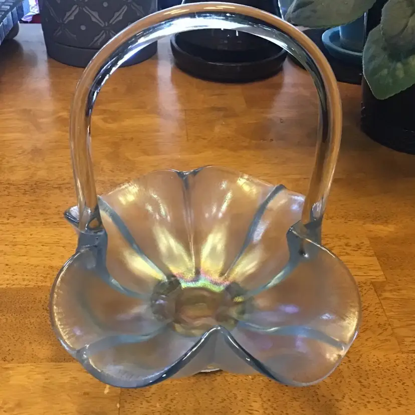 Fenton Ice Light Blue Iridescent Satin Glass Flower Basket
