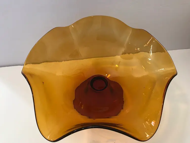 Vintage Yellow Amber 6 Pedal Ruffled Edge Footed Compote Bowl - Large, 13”Wide