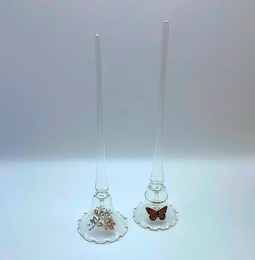 Glass, Dainty, Long Stem Bells, Appliquéd Flowers/Butterfly, Glass Ringers, Ruffled Edges