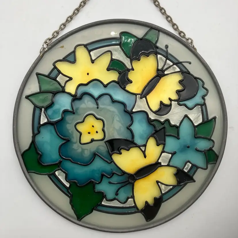 BIN - Vintage Joan Baker Handpainted Stained Glass Suncatcher Butterflies & Flowers