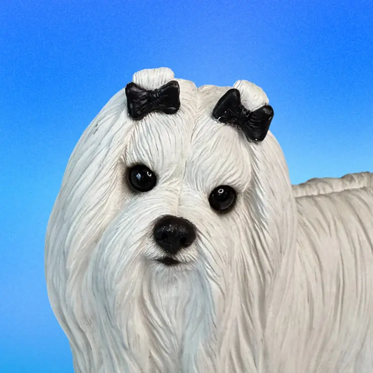Maltese Dog Figurine 1987 SANDICAST of San Diego, Sandra Brue White Dog  Black Bows Large Heavy Signed W/Label
6-1/2”T x 8-1/2” L x 4” W