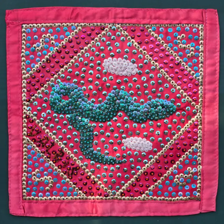 Folk Art Voodoo Flag George Valris 11½" Square Textile in frame Snake in Sequins Haitian Signed