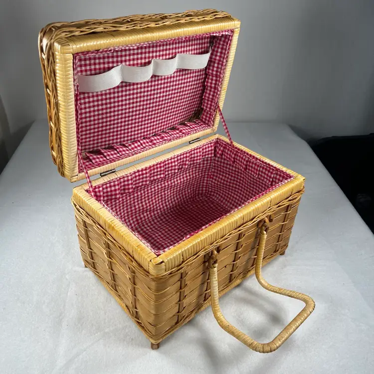 Vintage Woven Bamboo Picnic Basket Lined 12”x8”x9” Dual Handles Light Stain EUC