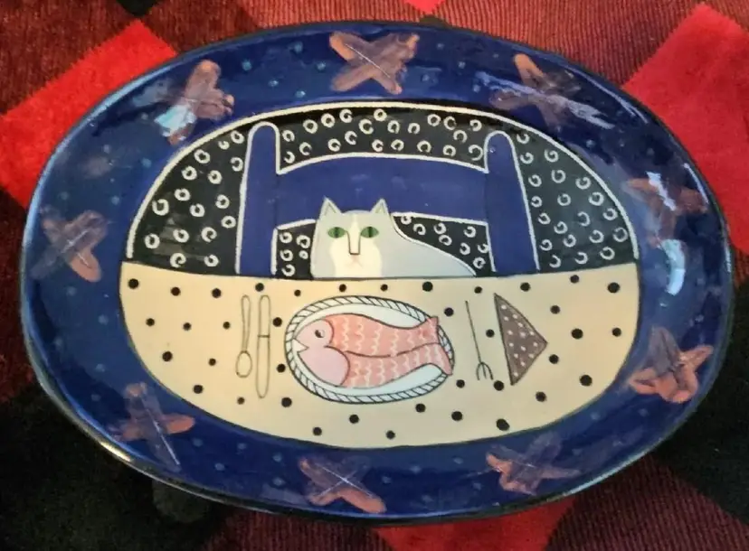 Solveig Cox Whimsical Cat With Fish Pottery Bowl Platter Signed