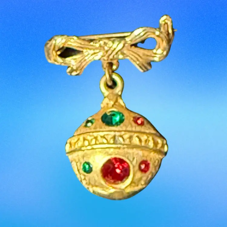 Vintage Signed Dale “Colette” Multicolor Rhinestone Christmas Ornament MCM StyleGoldtone Bow Brooch (1950s) HTF!