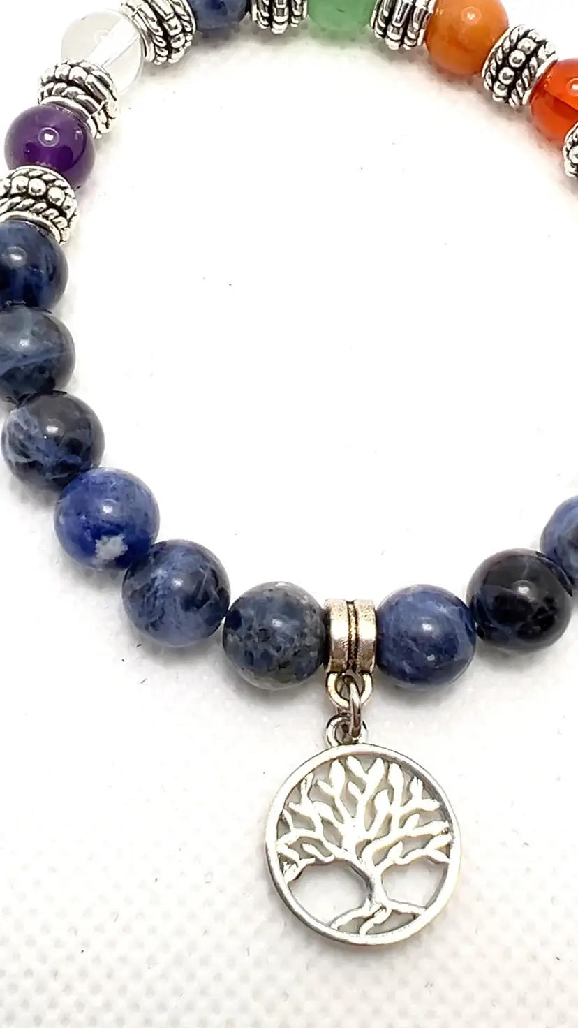 7 Chakra 8mm Beads 7” Stretch Rainbow Bracelet Jewelry With Tree Of Life Charm