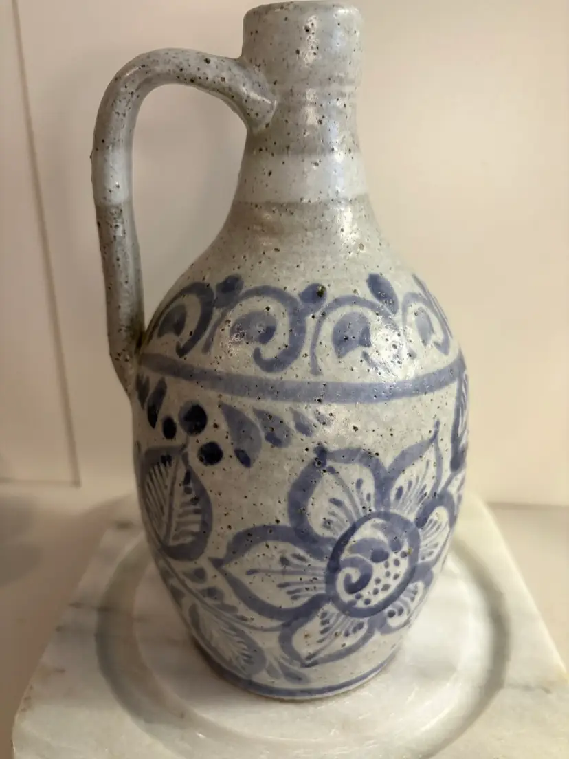 Vintage Handmade Blue And Gray Pottery Bottle Decanter Signed By The Artist