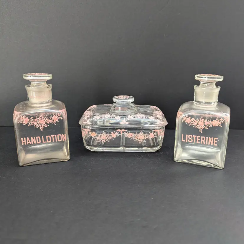 VTG Vanity Glass Set Hand Lotion Listerine Bottles Lidded Soap Dish Pink Flowers