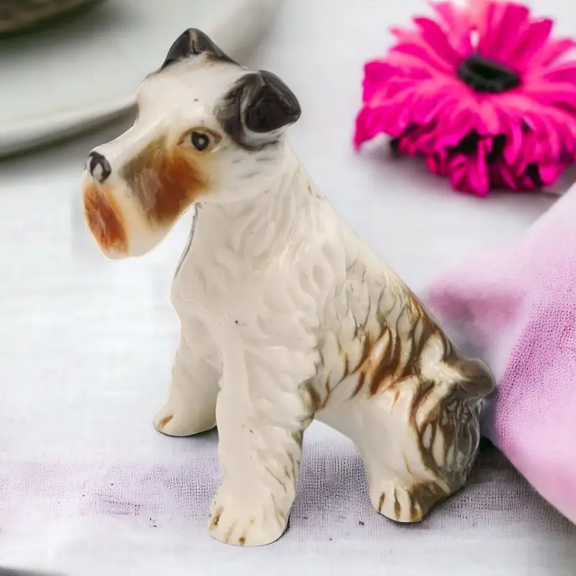 Vintage White Porcelain Sitting Airedale Wire Hair Fox Terrier Dog Figurine