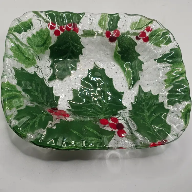 AC Ross Glass Trinket Dish Christmas Holly Berry fused Signed