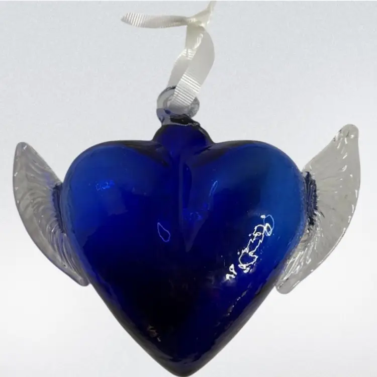 Handblown Cobalt Blue Glass Heart Ornament with Clear Wings • Art Glass Hanging Heart•Guardian Angel•Heavy
7-1/2” x 7” x 3”